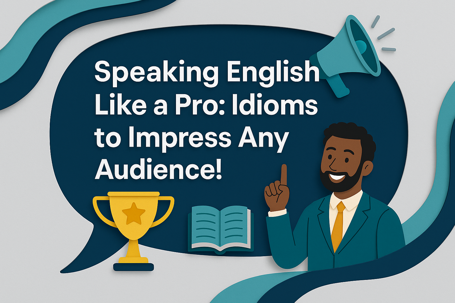 3D paper cut illustration showing a business professional and icons with the title 'Speaking English Like a Pro: Idioms to Impress Any Audience!' — designed in brand colors to highlight idioms to impress in English.
