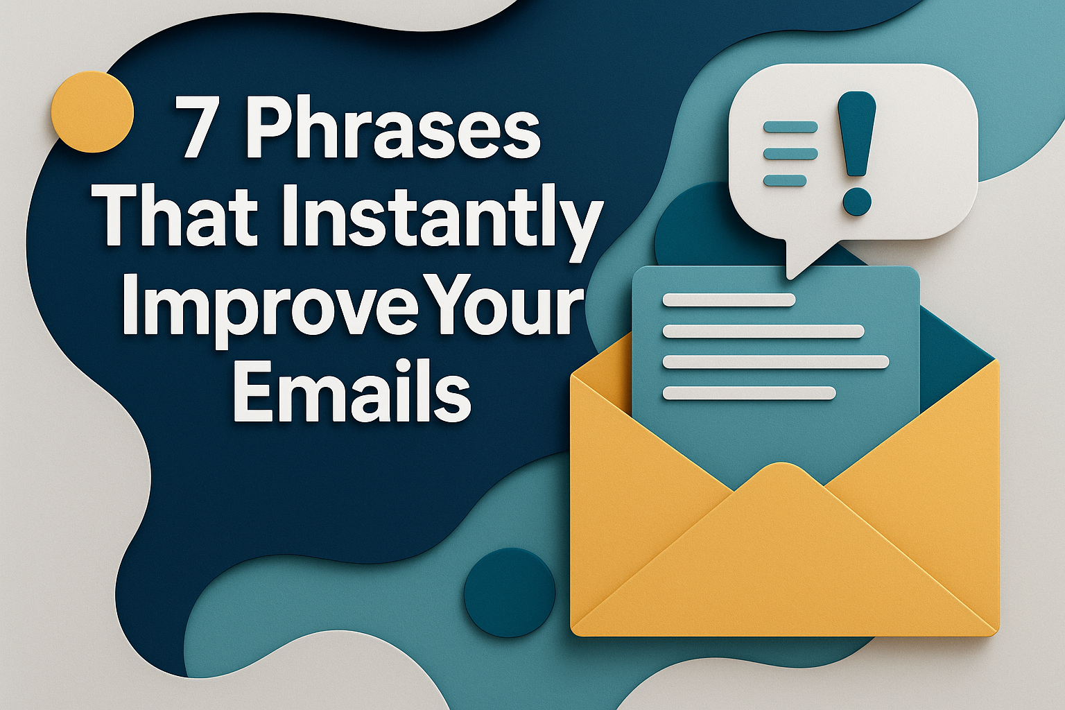 3D paper cut illustration showing a golden envelope and message bubble with text: ‘7 Phrases That Instantly Improve Your Emails.’ Design uses navy blue, soft gold, teal, and light gray to support the theme: improve your emails in English.