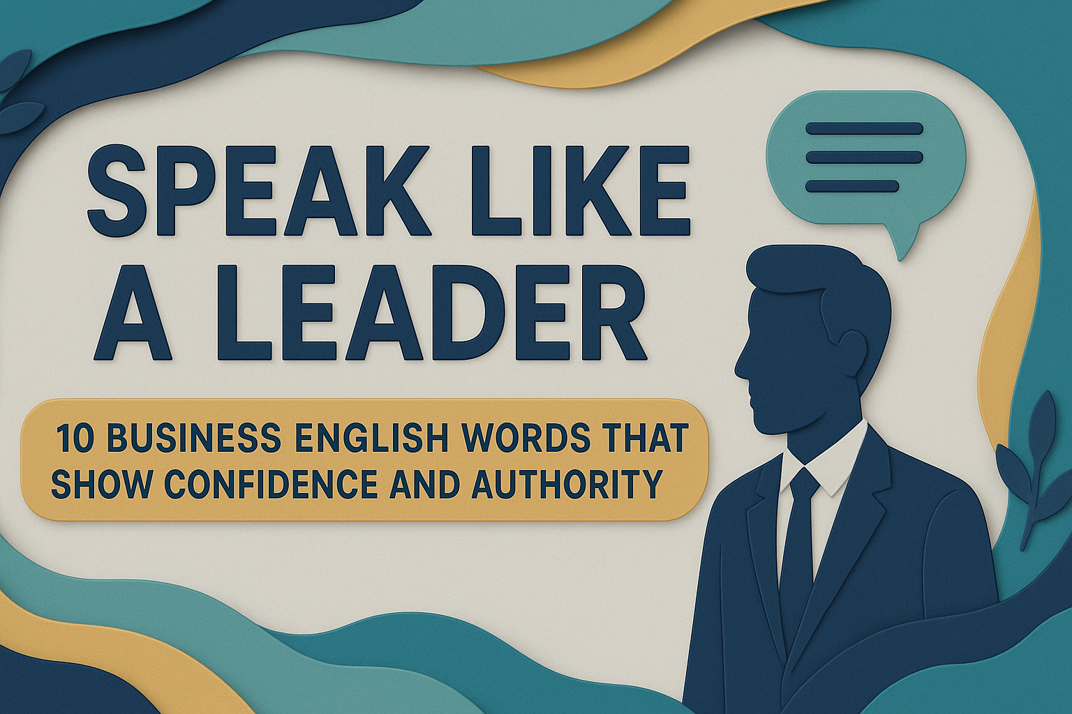 3D paper cut art banner showing a professional man and speech bubble with the title "Speak Like a Leader: 10 Business English Words That Show Confidence and Authority" in navy blue and soft gold – speak for leadership business English vocabulary
