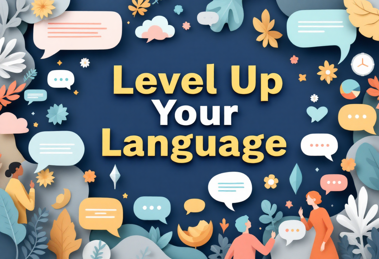 Banner image for blog post titled “Level Up Your Language: Avoid Common Phrases in English,” featuring colorful 3D paper cut speech bubbles and people talking, with the focus keyphrase “avoid common phrases in English.”