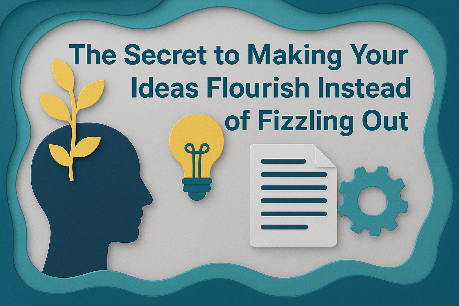 A creative 3D paper cut-style banner featuring a navy blue silhouette with a gold plant sprouting from the head, a lightbulb, document, and gear symbolizing growth, ideas, and productivity. Includes the title “The Secret to Making Your Ideas Flourish Instead of Fizzling Out” in Roboto Bold font. Designed using brand colors: Navy Blue, Soft Gold, Light Gray, and Teal. Focus keyphrase: make your ideas flourish.