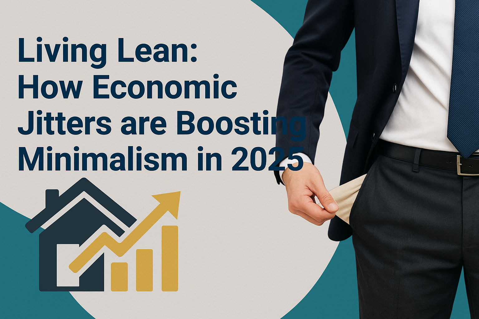 Banner image for article 'Living Lean: How Economic Jitters are Boosting Minimalism in 2025' featuring a business professional with empty pockets, a gold upward graph, and modern icons—illustrating minimalism economic uncertainty 2025.