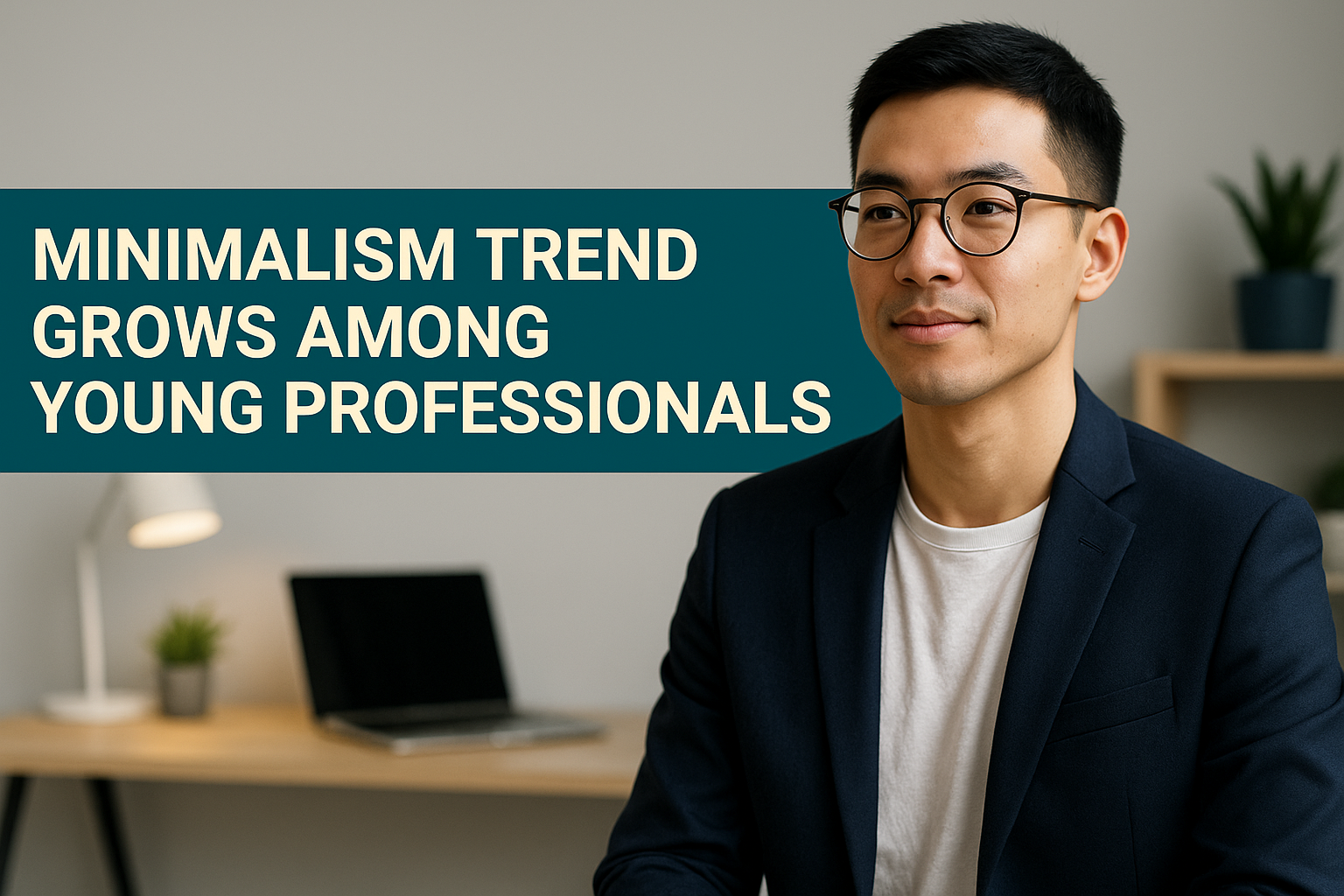 “Why More Young Professionals Are Going Minimalist” featuring a clean, modern workspace with a laptop, coffee cup, and minimal decor in navy, soft gold, and teal tones. Focus keyphrase: minimalism for young professionals.