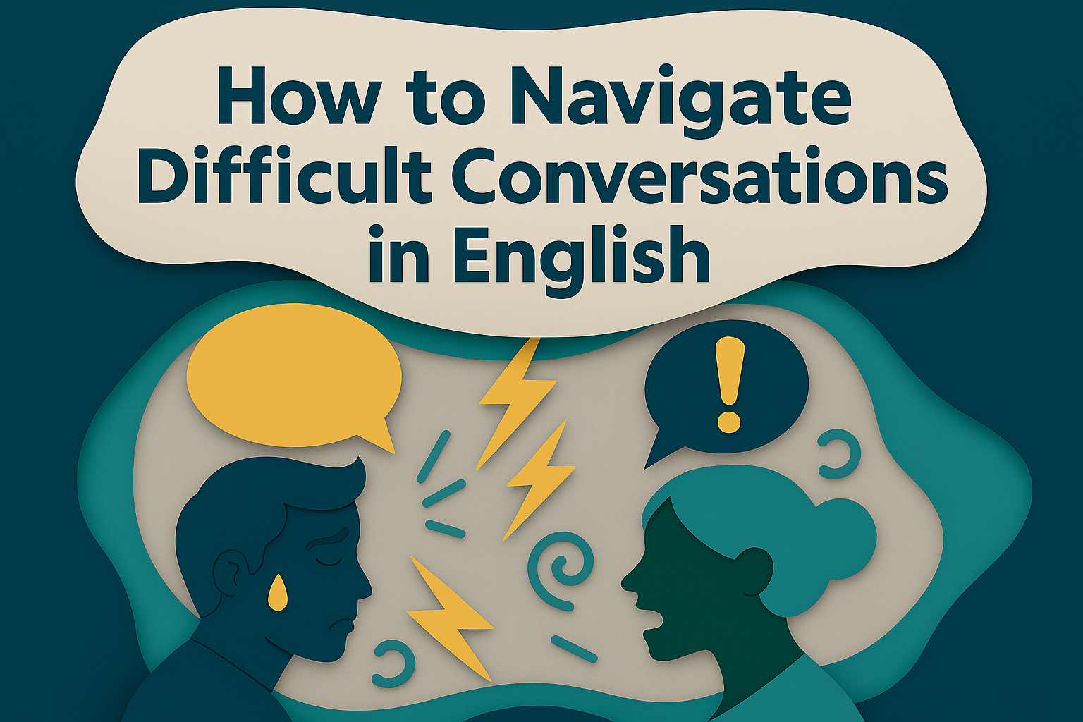 Wide banner in 3D paper cut art style showing a man and woman in conversation, with lightning bolts and speech bubbles, illustrating how to navigate difficult conversations in English.