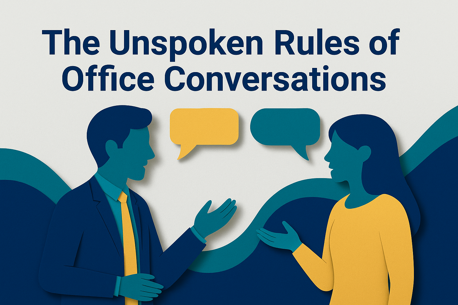 3D paper cut-style illustration of two professionals having a conversation, visually representing the unspoken rules of office conversations with speech bubbles in soft gold and teal.