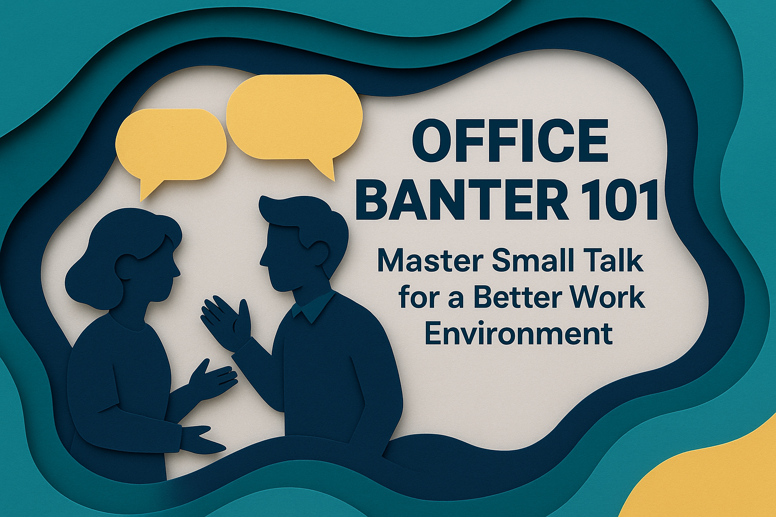 Illustration of two professionals engaging in office small talk using paper cut style, promoting confident communication in the workplace.