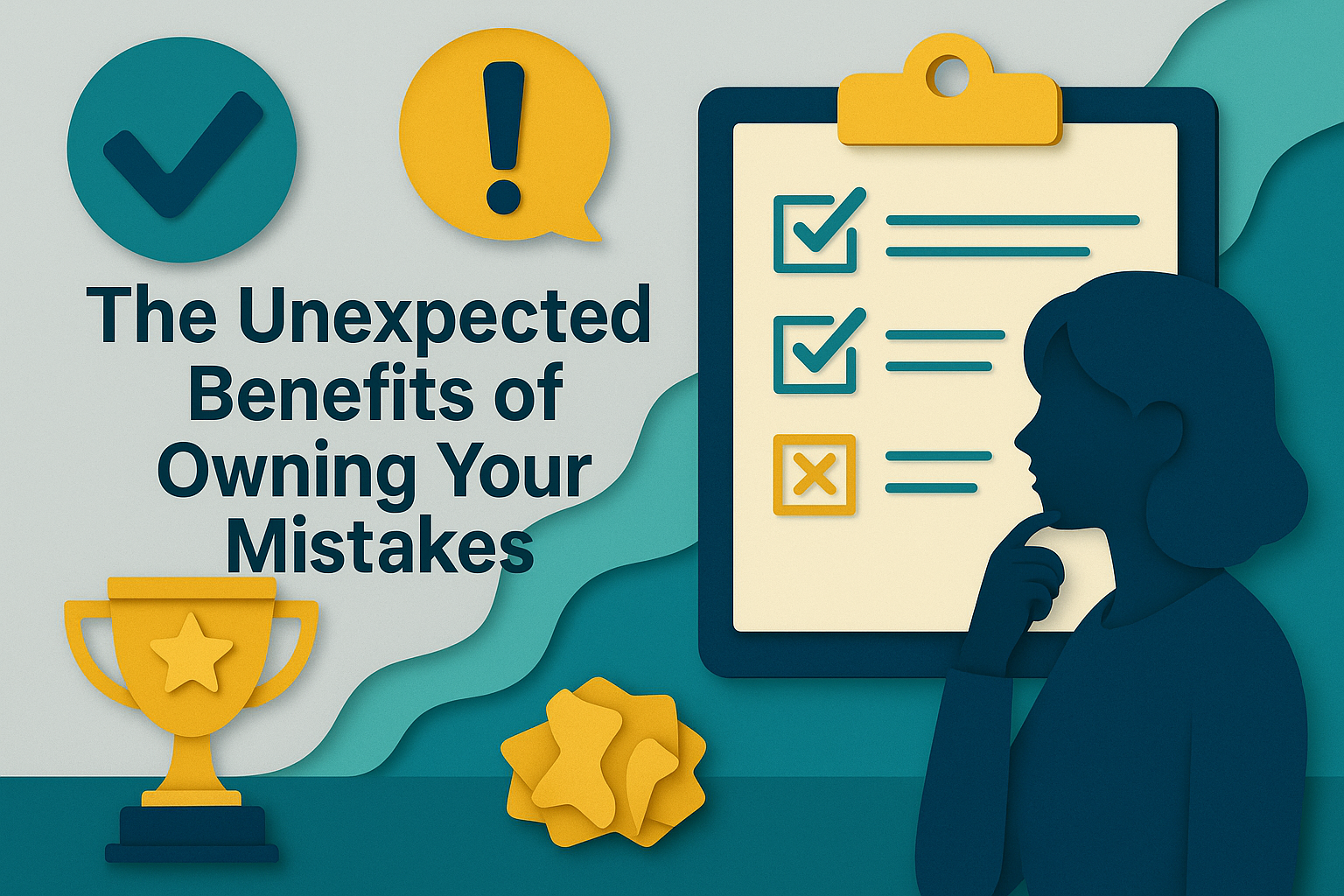 3D paper cut style illustration showing a checklist, a silhouette of a thoughtful professional, and motivational icons with the title “The Unexpected Benefits of Owning Your Mistakes” in bold Roboto font; designed in brand colors. Focus keyphrase: owning your mistakes.