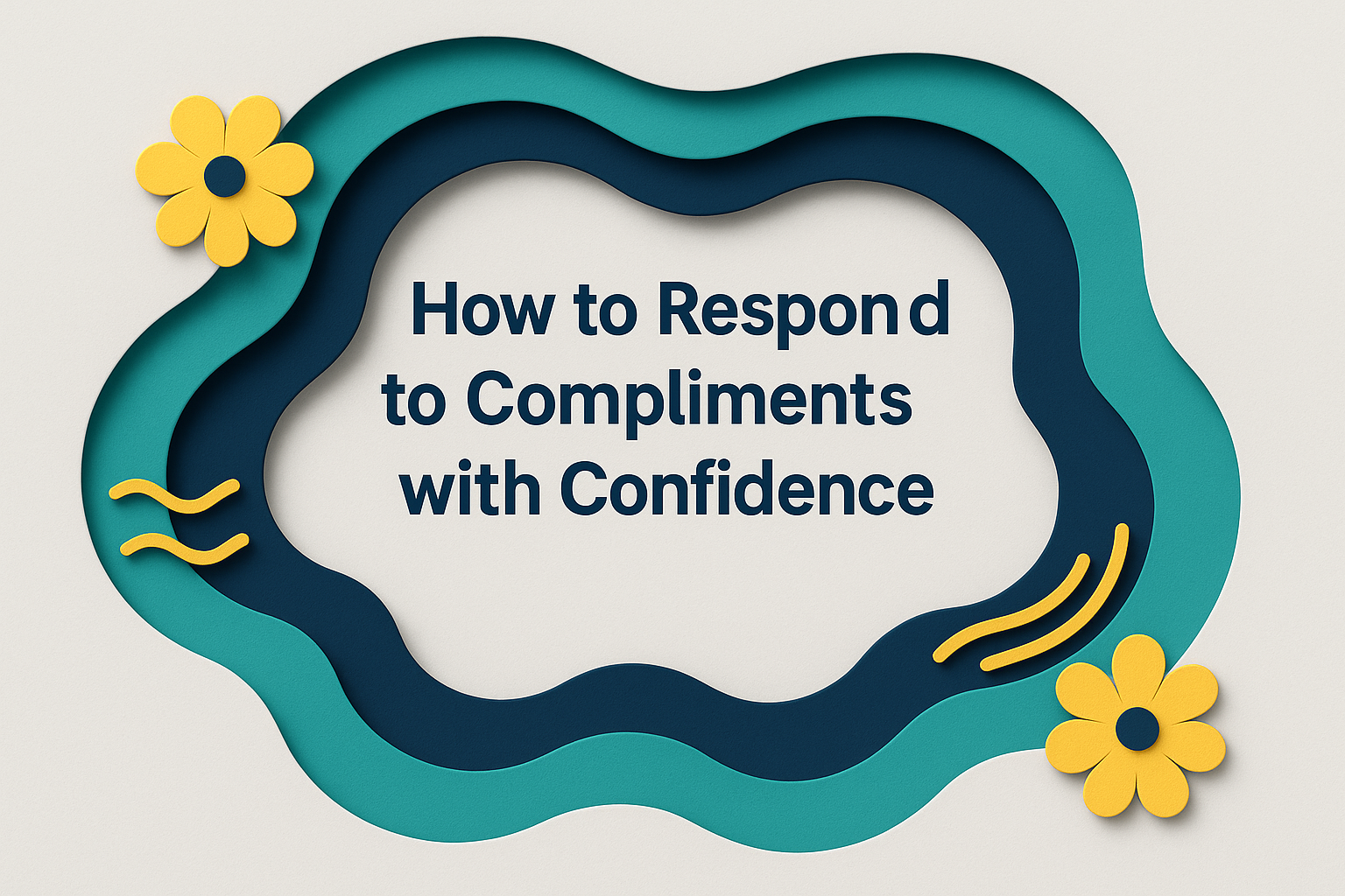 How to Respond to Compliments with Confidence – 3D paper cut banner in navy, teal, and gold with layered design and bold Roboto text