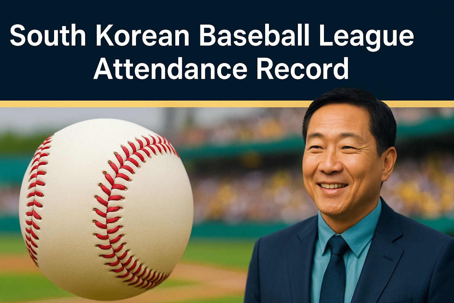 Photographic banner showing a baseball and a smiling professional man with a stadium background, highlighting the South Korean Baseball League attendance record.