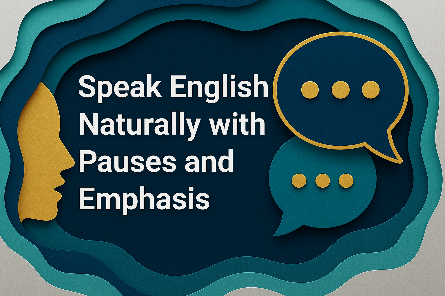 3D paper cut banner showing layered speech bubbles and a human profile, with the text "Speak English Naturally with Pauses and Emphasis" in Roboto Bold—visually representing how to speak English naturally with pauses and emphasis.