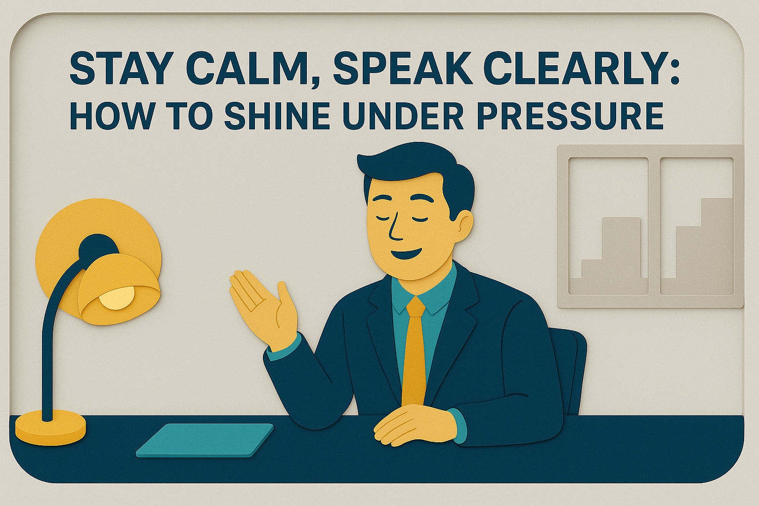 3D paper cut illustration of a confident professional in a modern office setting, demonstrating how to stay calm and speak clearly under pressure.