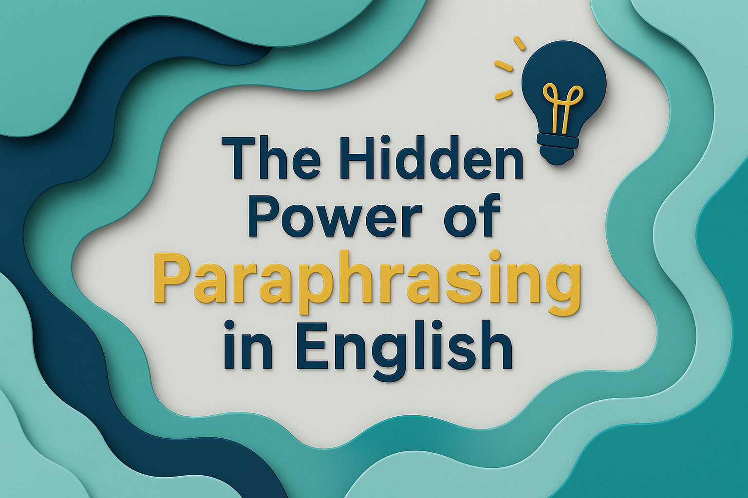 Banner image illustrating the power of paraphrasing in English, featuring layered 3D paper cut shapes in navy, teal, and gold with the title “The Hidden Power of Paraphrasing in English” in bold Roboto font.