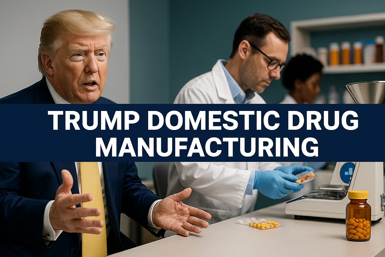 Promotional photo representing Trump domestic drug manufacturing, with bold navy text over a business-style scene featuring a pharmaceutical lab technician and a suited figure in discussion about U.S. medication production.