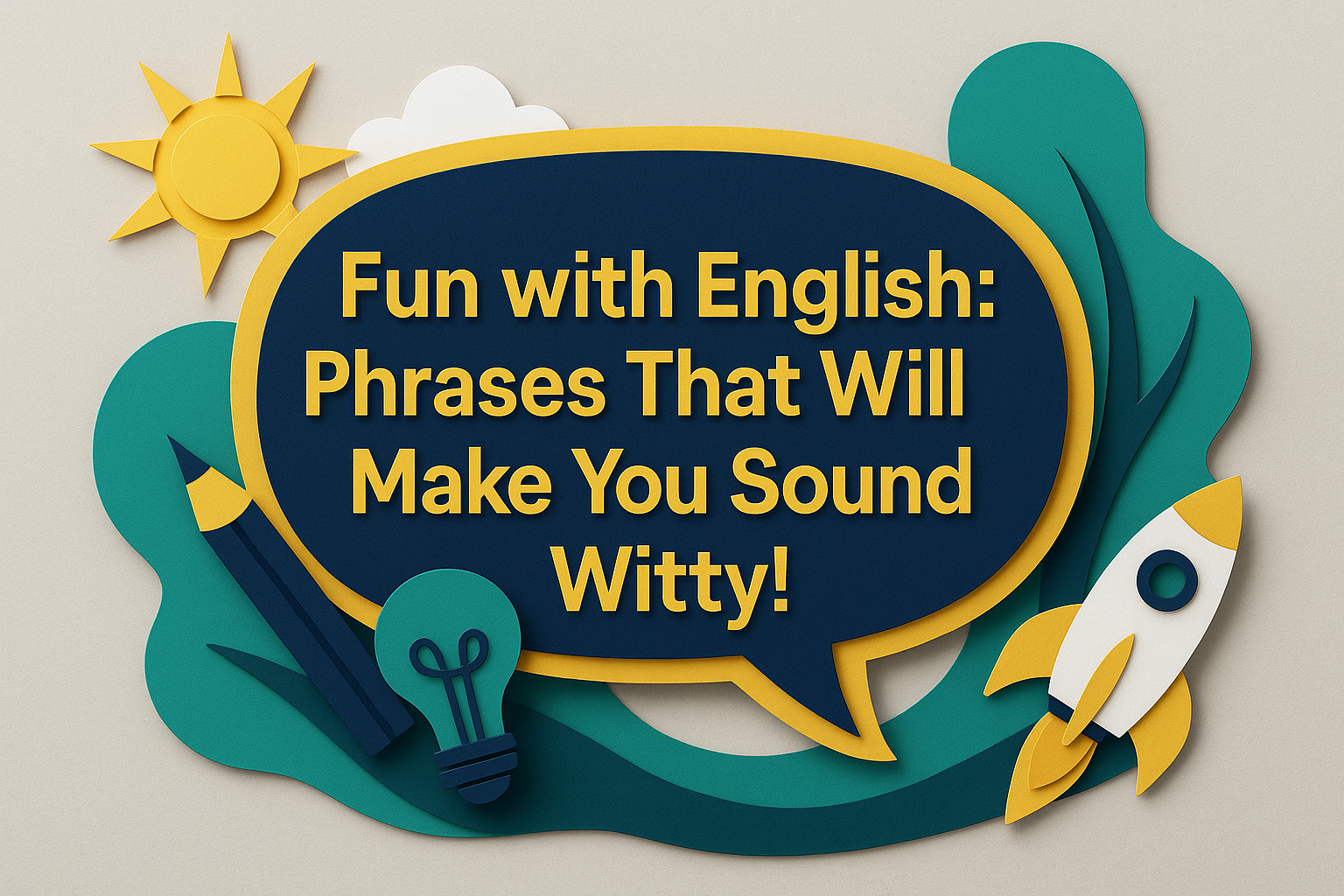 Banner image with the title 'Fun with English: Phrases That Will Make You Sound Witty!' displayed in 3D paper cut style using brand colors, representing witty English phrases.