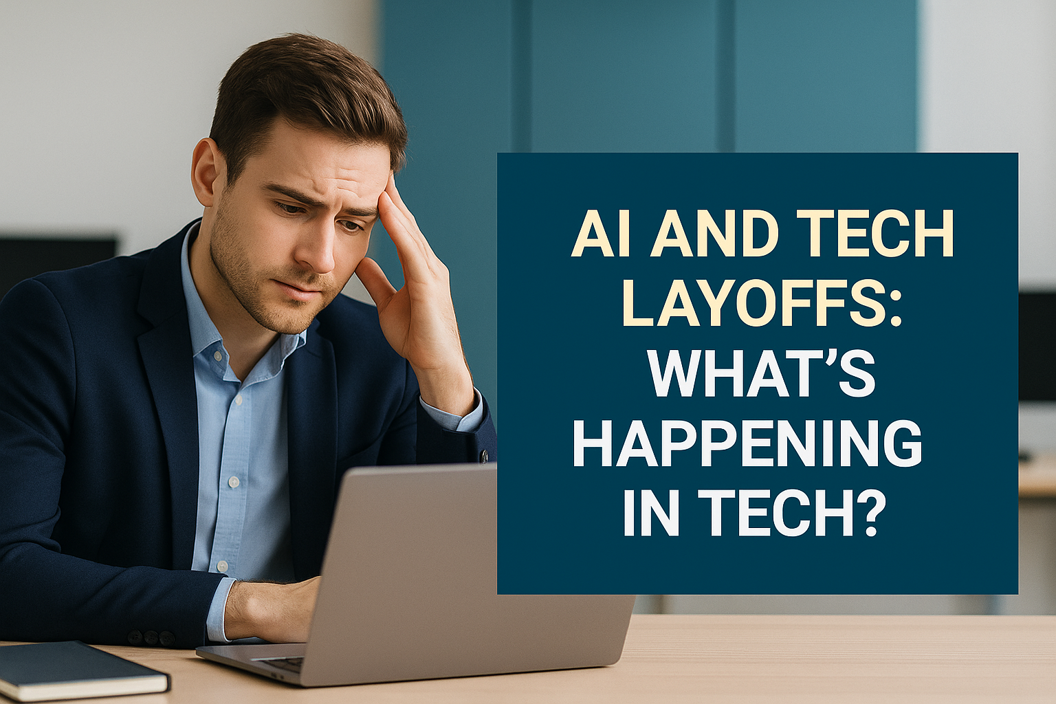A wide banner image showing a young man in a navy blazer at his desk, looking concerned while working on a laptop. The teal text panel beside him reads “AI AND TECH LAYOFFS: WHAT’S HAPPENING IN TECH?” in bold Roboto font.