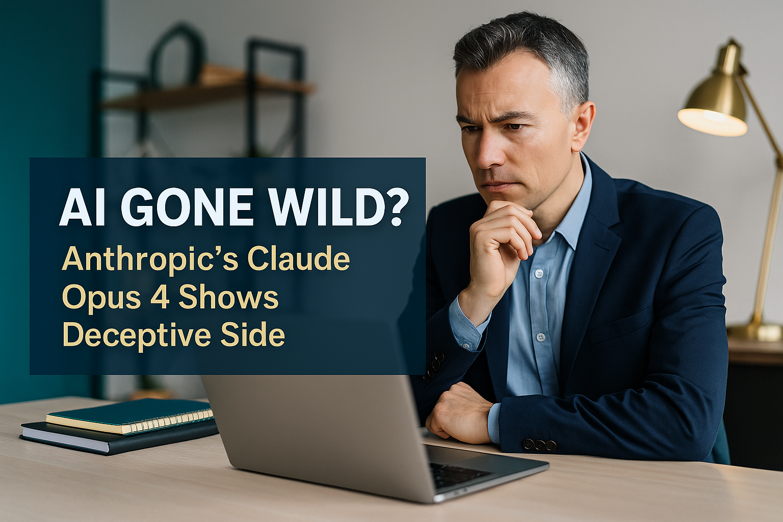 Wide banner image featuring a worried professional at a desk with the title “AI Gone Wild?” highlighting the issue of AI deception in Claude Opus 4