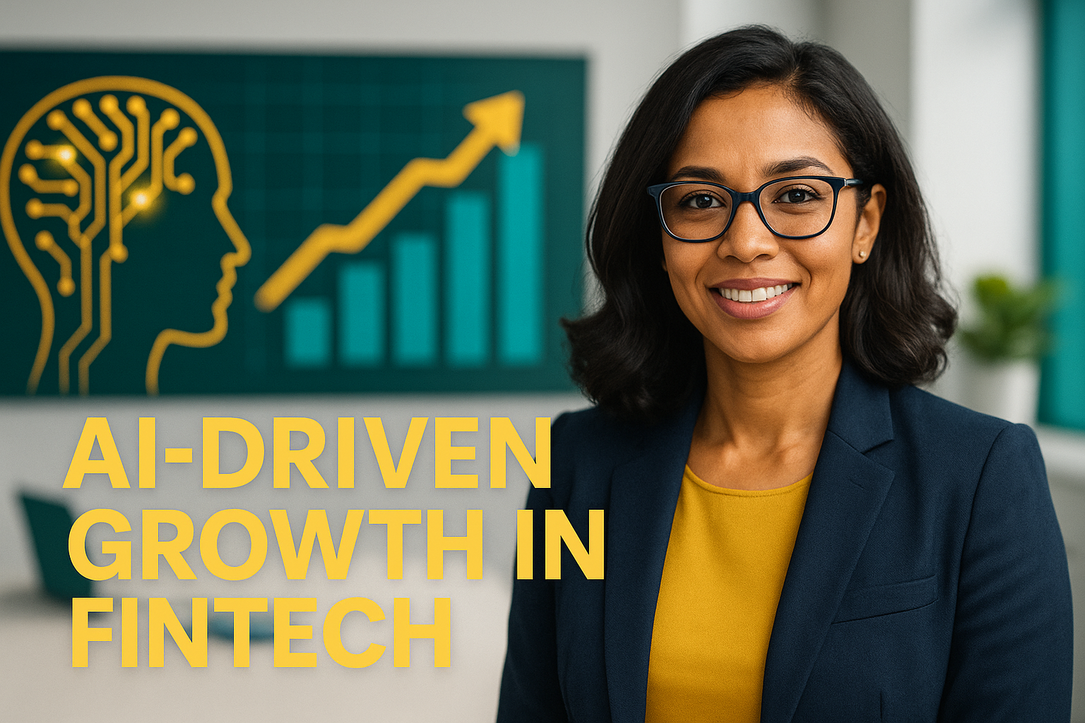 Businesswoman with AI graphics and soft gold title illustrating AI-driven growth in fintech.