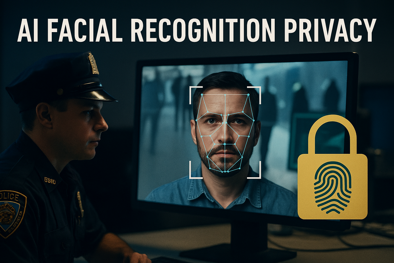 Photographic image illustrating AI facial recognition privacy with police officer, facial recognition scan, and data security lock, highlighting privacy concerns.