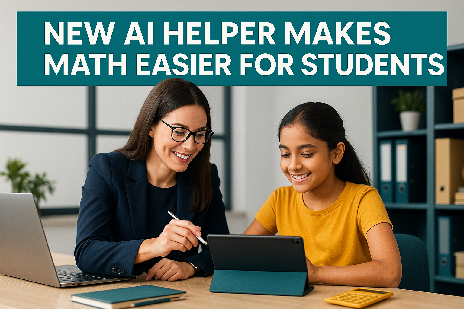 Professional woman teaching young student using AI math tutor for students on tablet, featuring modern workspace with navy, gold, gray, and teal color palette.