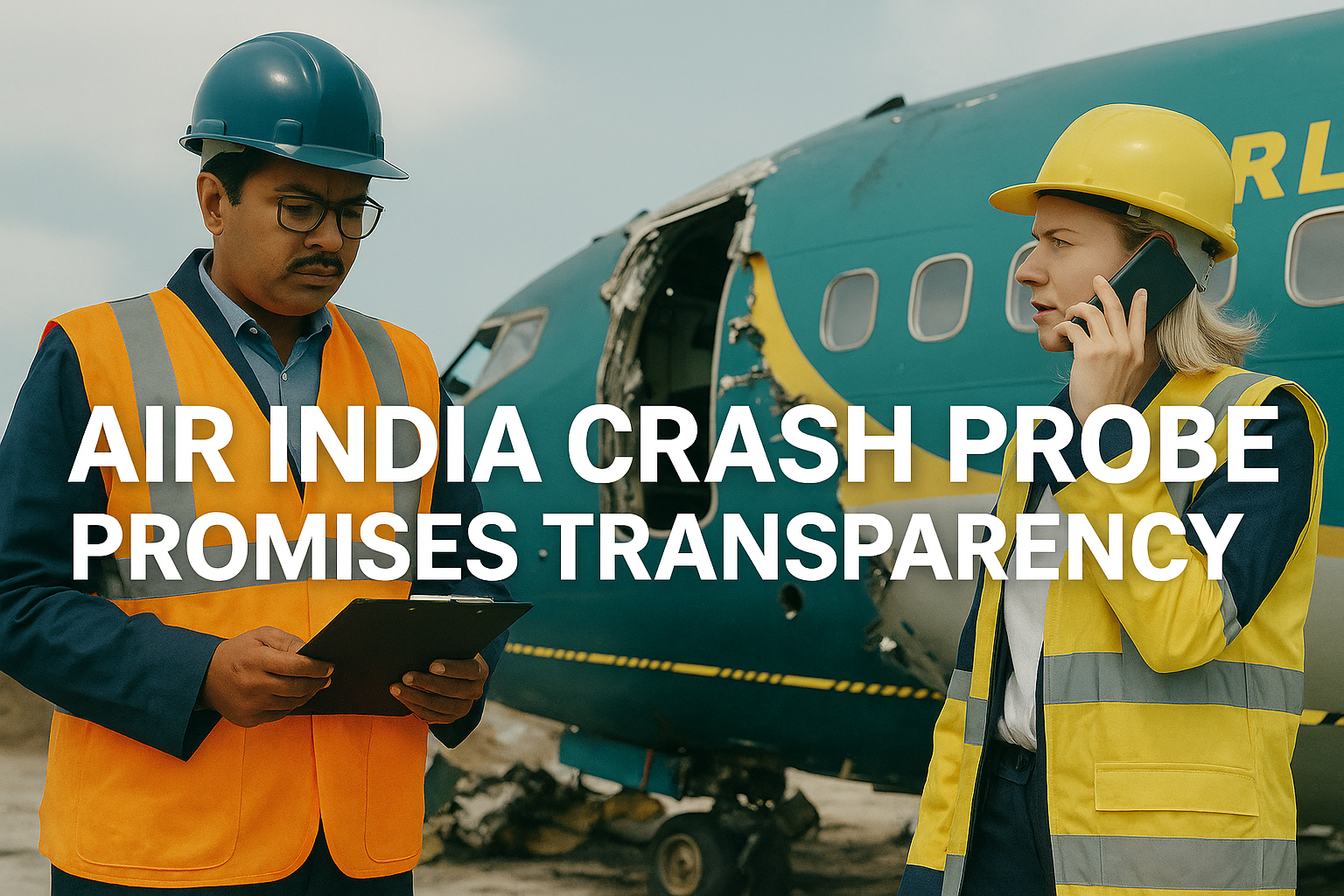Banner showing South Asian and international safety inspectors in protective gear examining wreckage at an Air India crash investigation site.