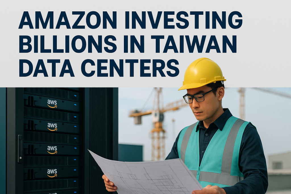 Amazon AWS Taiwan data center investment: construction worker in front of AWS servers and cranes, showcasing Amazon's $5 billion investment in Taiwan data centers, with navy blue, soft gold, teal, and gray tones.