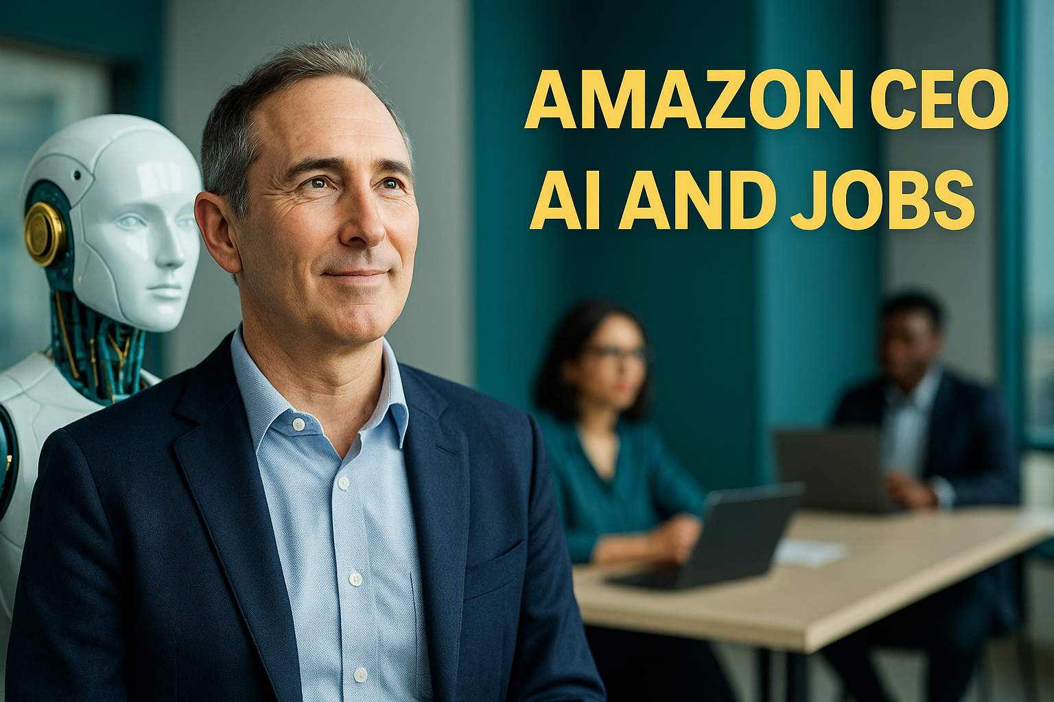 A digital photo showing a confident man beside a robot in a modern office, representing the topic “Amazon CEO on AI and jobs.”