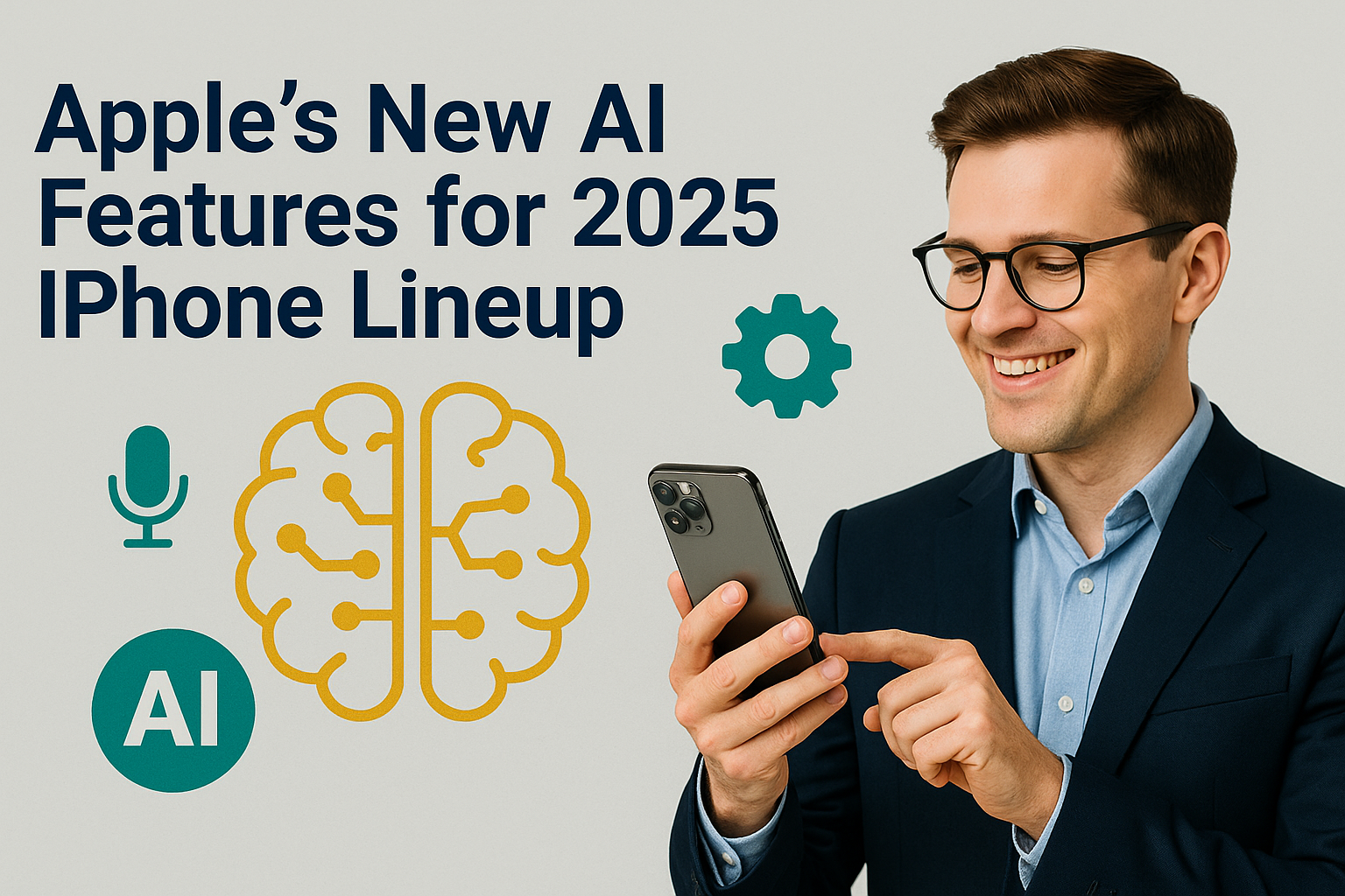 Professional man using iPhone with AI icons and text promoting Apple AI features 2025 iPhone.