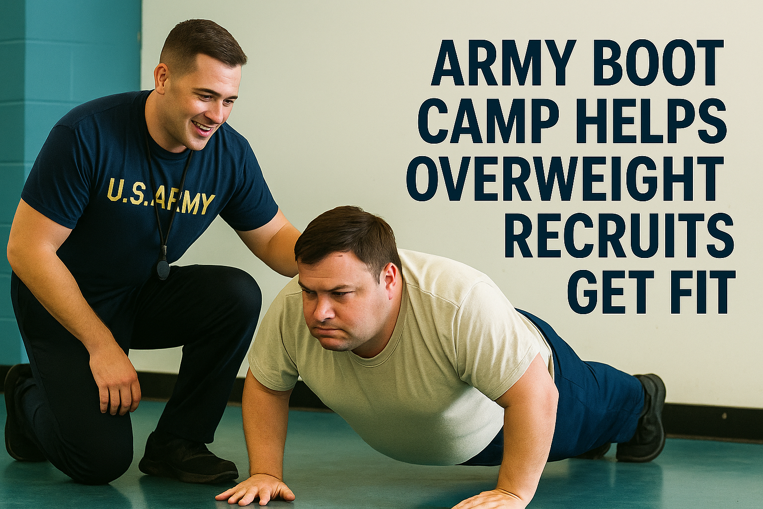 Army boot camp overweight recruits banner photo with instructor coaching push-ups