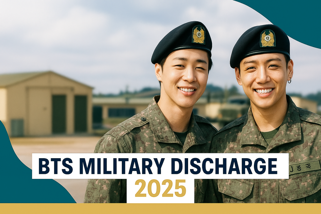 Jimin and Jungkook wearing military uniforms stand centered at a blurred military base with bold text reading BTS military discharge 2025.