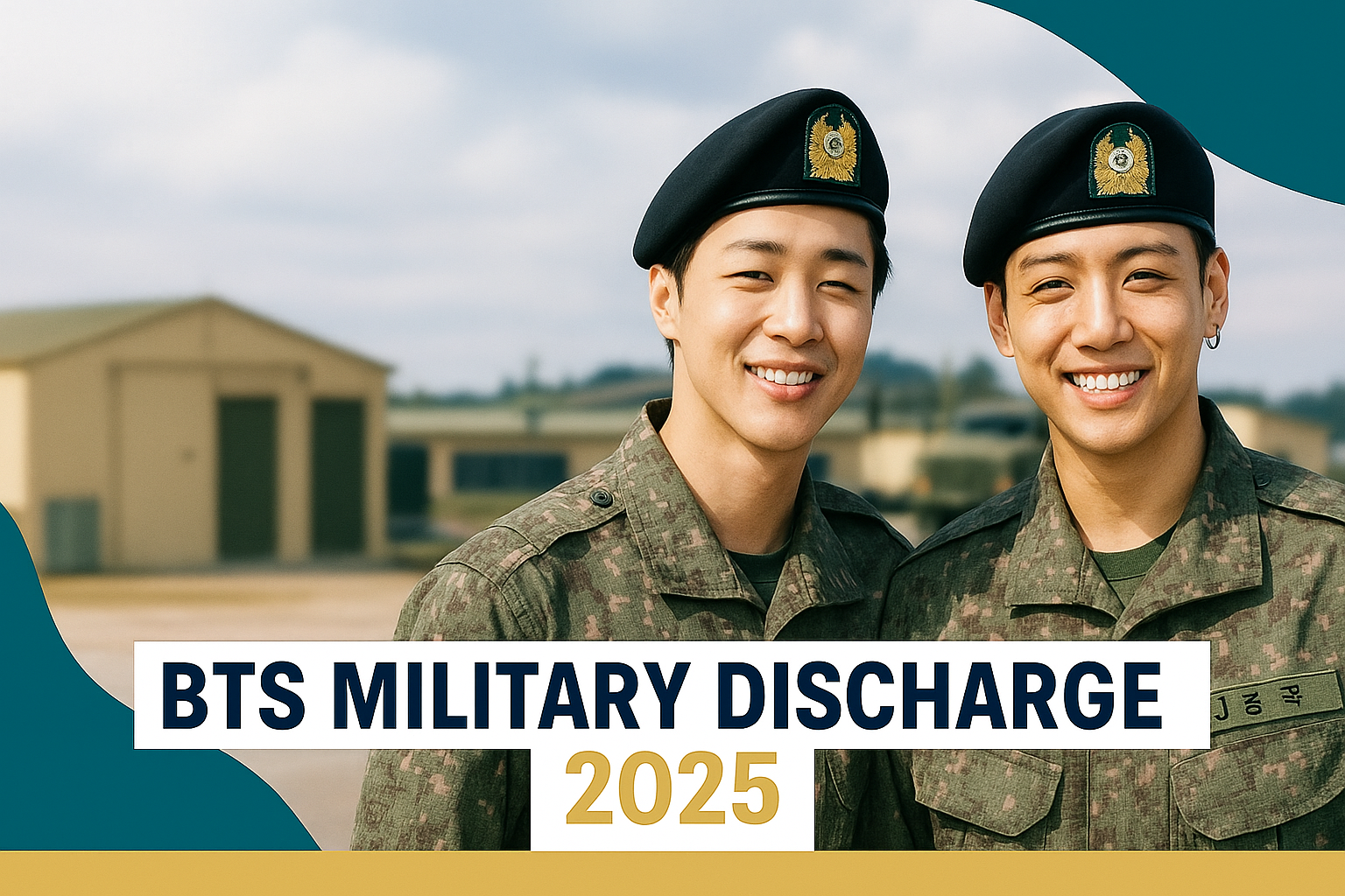 Jimin and Jungkook wearing military uniforms stand centered at a blurred military base with bold text reading BTS military discharge 2025.