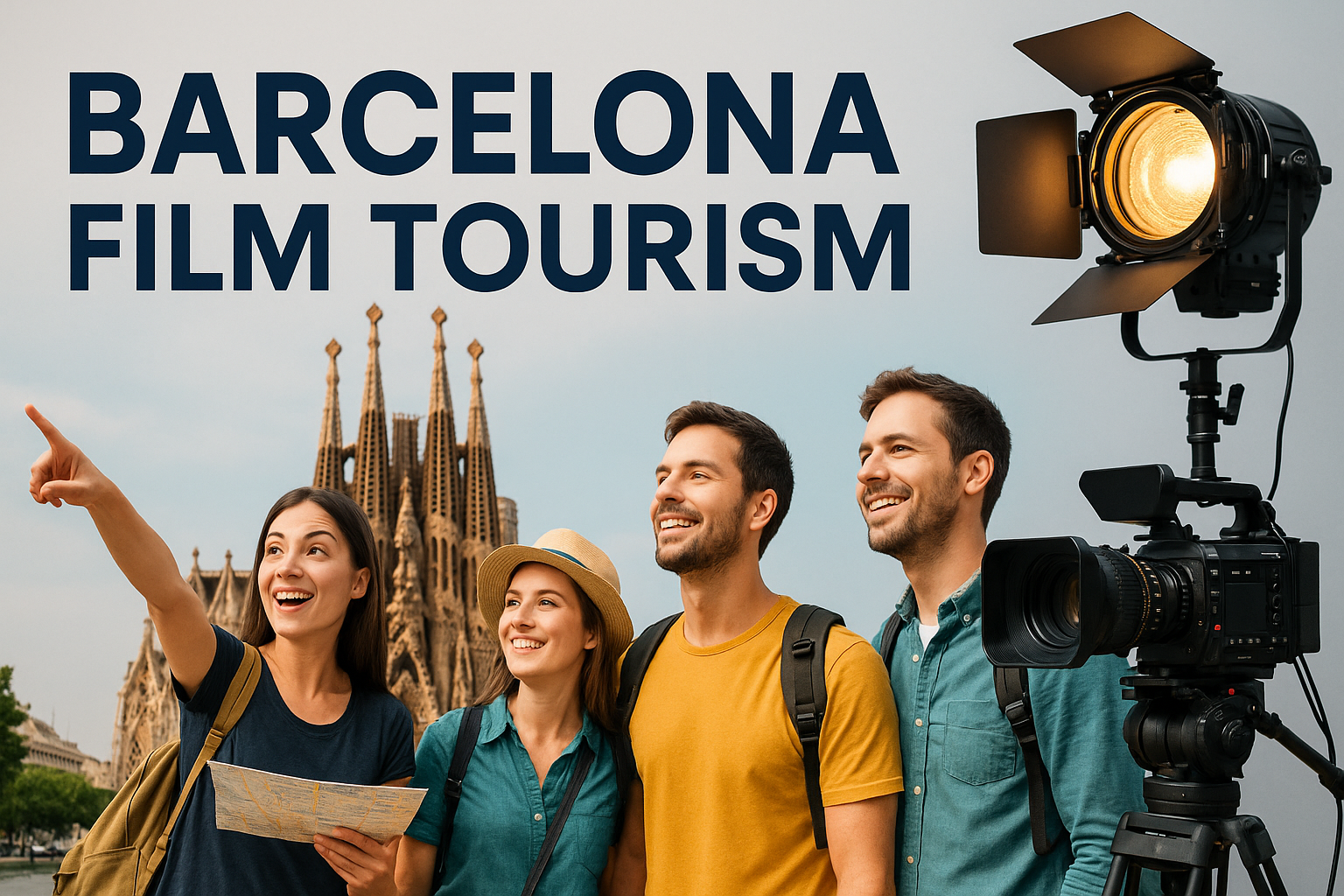 Tourists in front of Sagrada Família with film equipment, promoting Barcelona film tourism with cinematic and travel themes.