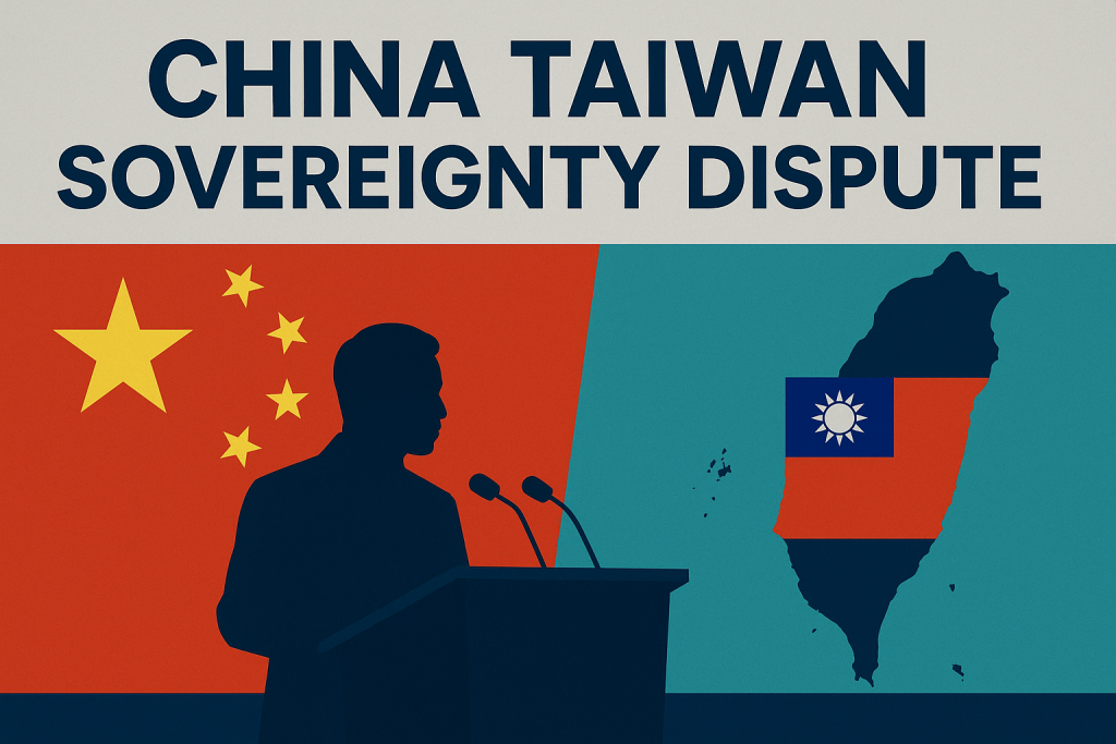 Digital banner illustrating the China Taiwan sovereignty dispute with symbolic imagery of national flags, a speaker at a podium, and a map of Taiwan using brand colors.
