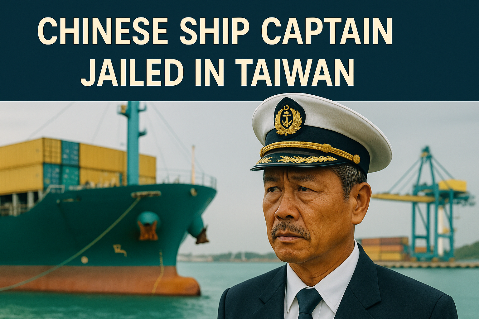 A news-related digital photograph features a middle-aged Chinese ship captain in uniform standing in front of a large cargo ship at a port, with bold text reading “Chinese Ship Captain Jailed in Taiwan.”