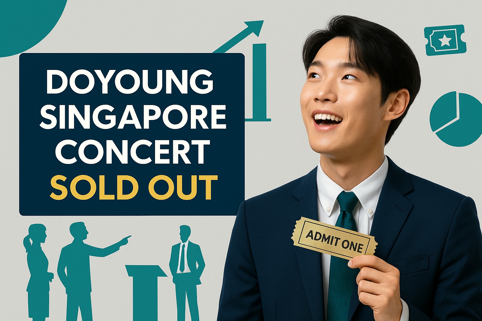 A promotional digital graphic design announces that the Doyoung Singapore concert sold out, featuring Doyoung holding a gold ticket, styled with navy blue, soft gold, light gray, and teal business-themed visuals.