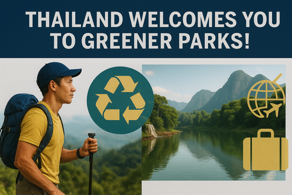 Photographic banner promoting eco-friendly tourism in Thailand’s national parks, featuring a hiker, recycling icon, river, and lush forested mountains with navy blue, soft gold, teal, and light gray brand colors.