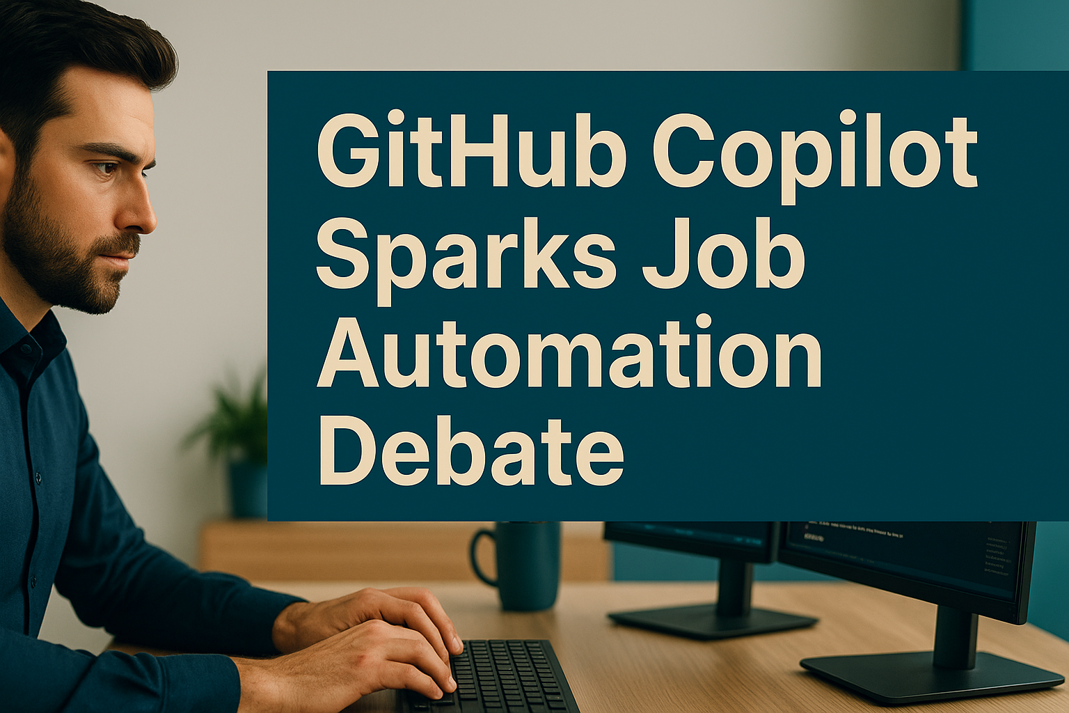 GitHub Copilot job automation banner showing a developer at his desk typing code with the headline “GitHub Copilot Sparks Job Automation Debate” in bold text.