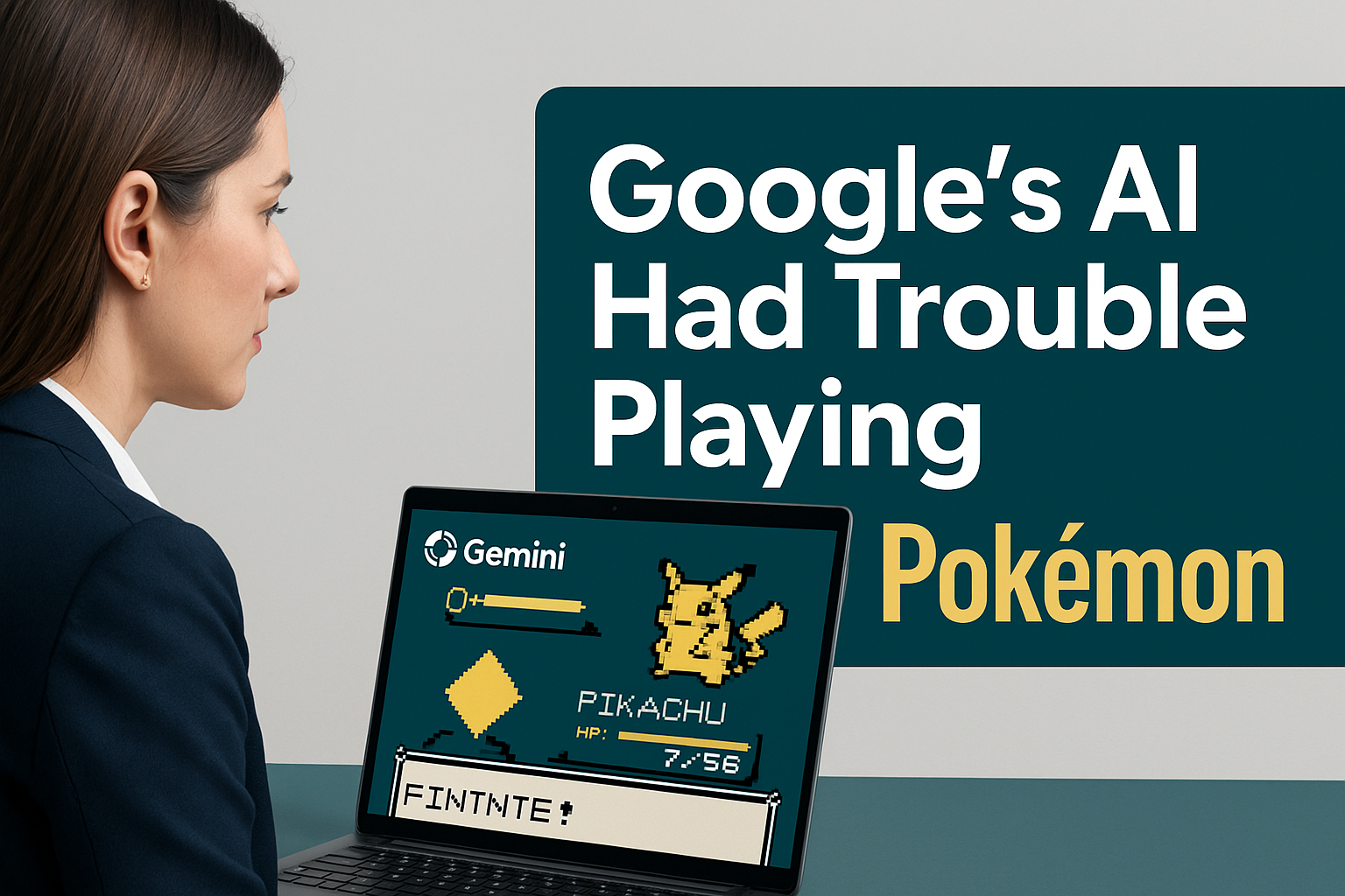 Modern banner showing a businesswoman studying a Pokémon battle on her laptop, representing Google Gemini Pokémon panic with a clean tech style.