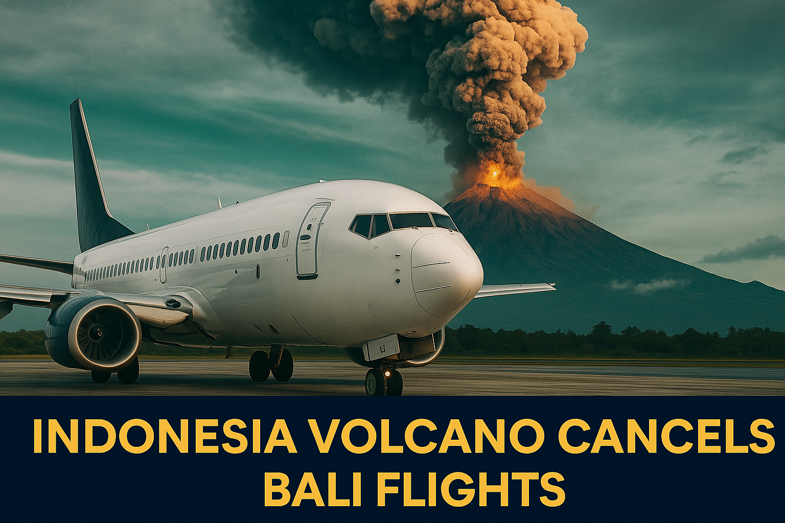 Grounded airplane with erupting volcano behind it — Indonesia volcano cancels Bali flights.