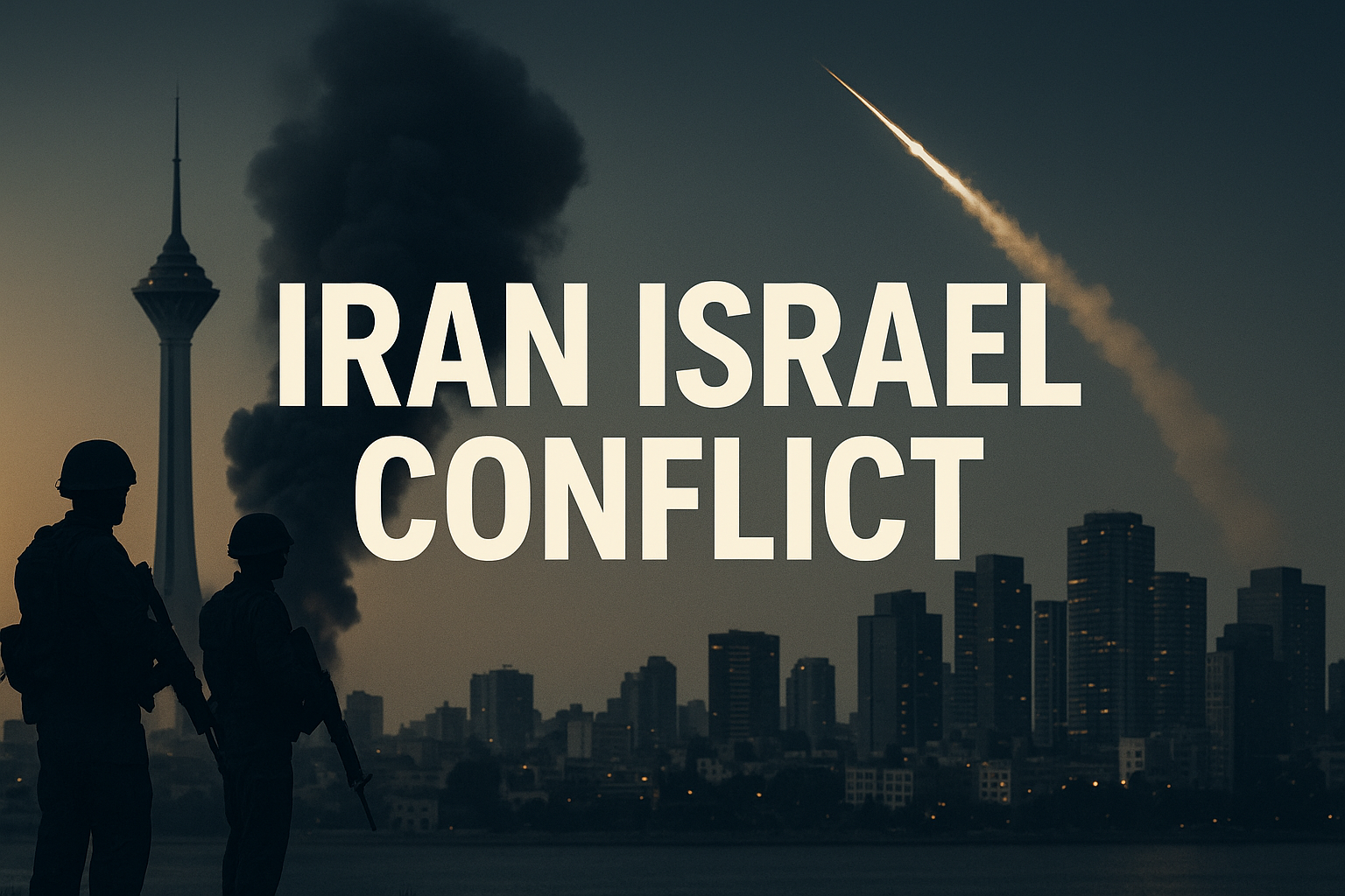 Photographic banner showing the Iran Israel conflict with silhouetted soldiers, Tehran’s skyline, and missile trails above Tel Aviv.