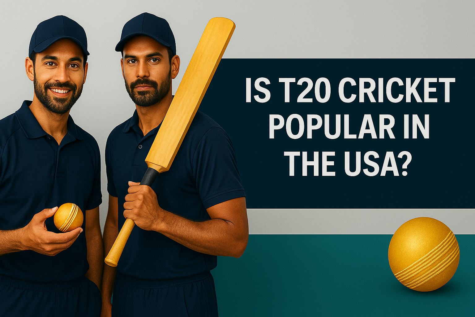 Two cricket players in navy blue uniforms hold a golden bat and ball with the bold question "Is T20 cricket popular in the USA?" in the background.
