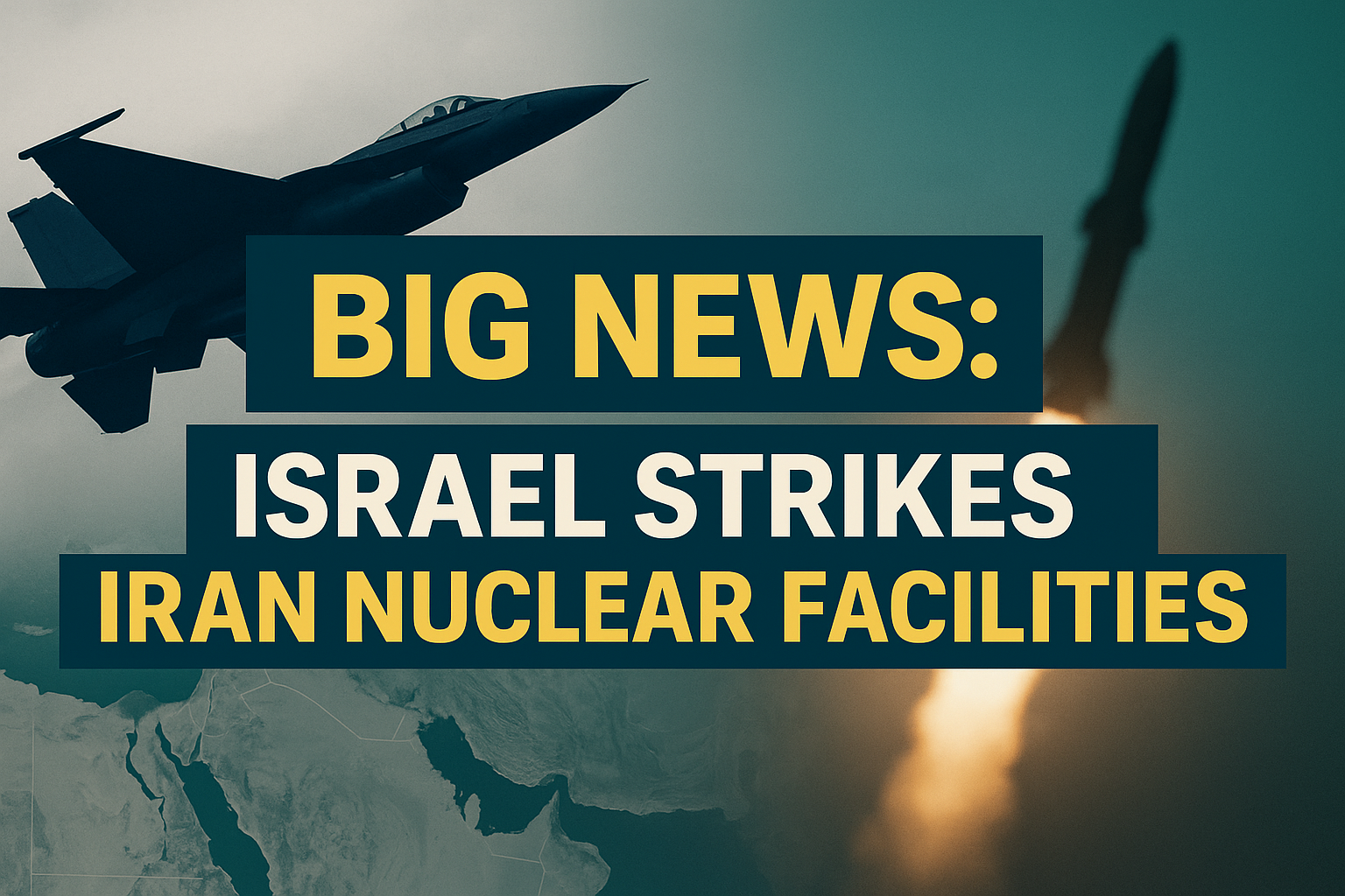 Banner image for news article about Israel Iran strikes nuclear facilities, showing a navy fighter jet, a missile launch, and a subtle Middle East map background, with headline text "BIG NEWS: ISRAEL STRIKES IRAN NUCLEAR FACILITIES" in Soft Gold and White using brand colors Navy Blue (#001F3F), Soft Gold (#FFD700), Light Gray (#D3D3D3), and Teal (#008080).