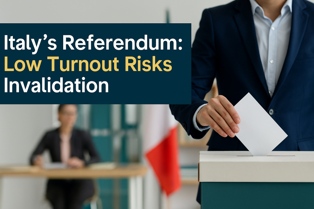 Wide banner showing a suited man casting a vote during Italy's referendum, highlighting the issue of Italy's referendum low turnout.