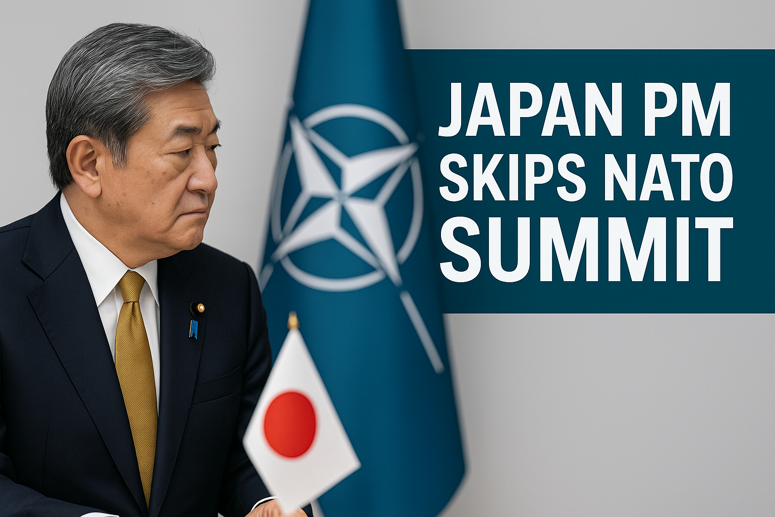 Photographic banner showing Japan PM skips NATO summit with Japanese official, national flag, and NATO emblem in the background.
