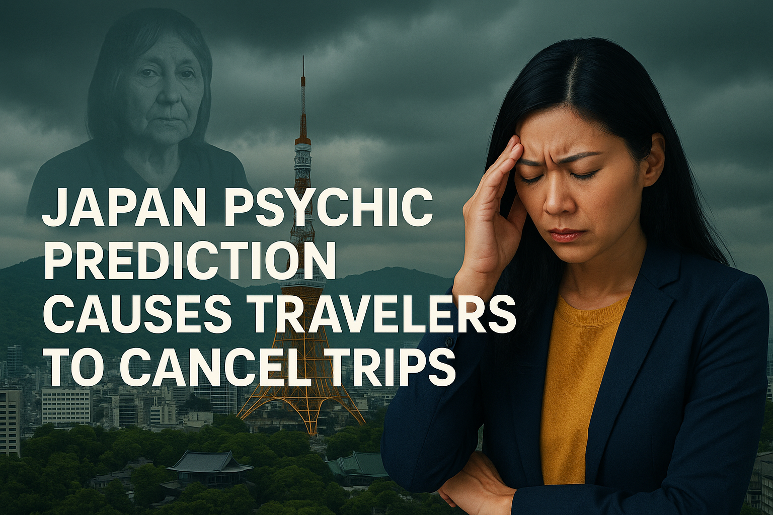 Banner image showing the headline "Japan Psychic Prediction Causes Travelers to Cancel Trips" with a dramatic Tokyo skyline under stormy skies, an anxious Asian woman in the foreground, and a faded psychic figure in the background.
