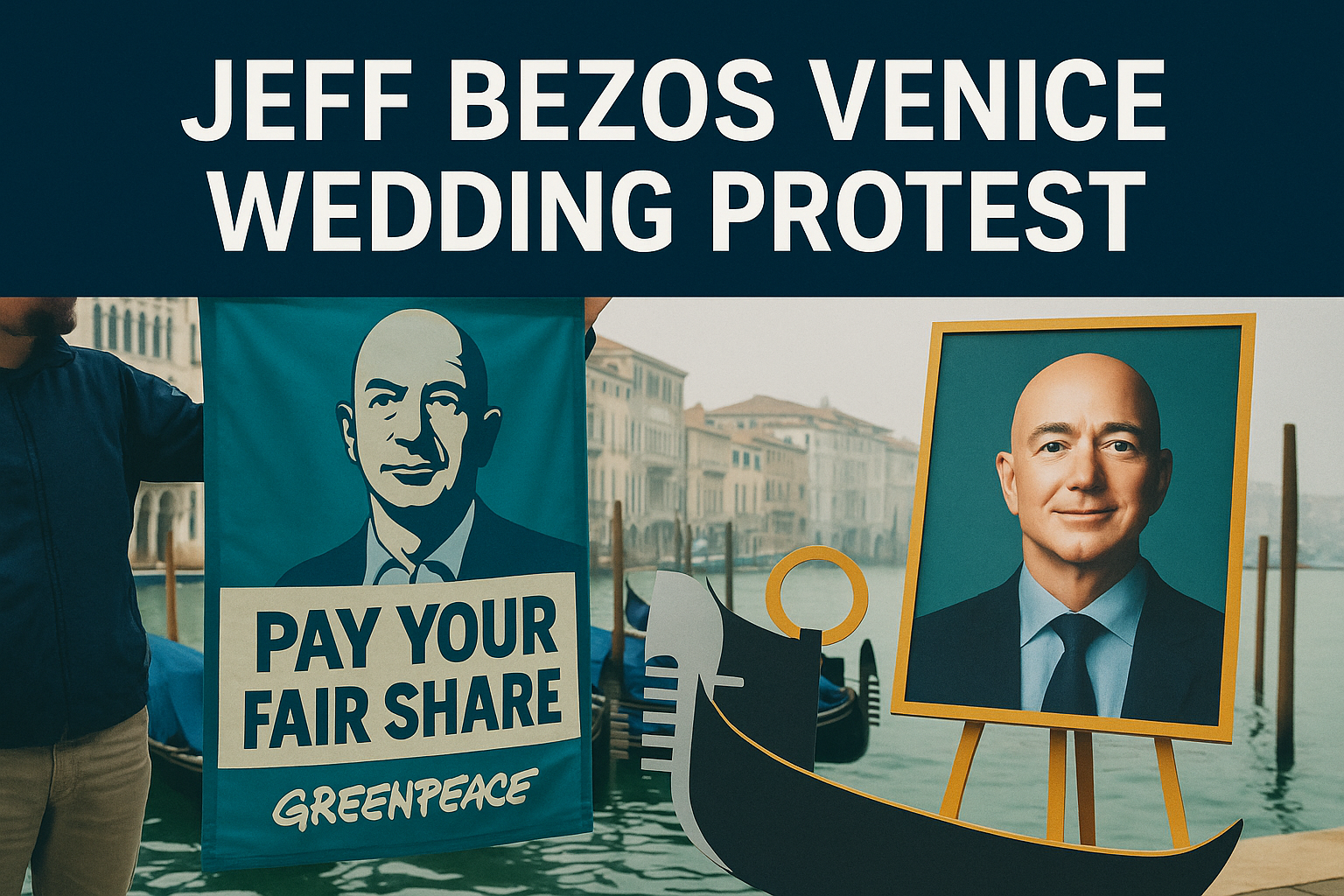A digital banner image features the title “Jeff Bezos Venice Wedding Protest” in bold Roboto font. The visual includes a stylized protest banner showing Jeff Bezos with the message “PAY YOUR FAIR SHARE – GREENPEACE” held by a person near a Venetian canal. A gondola and a framed portrait of Bezos add depth, all set in a color palette of navy blue, soft gold, teal, and light gray.