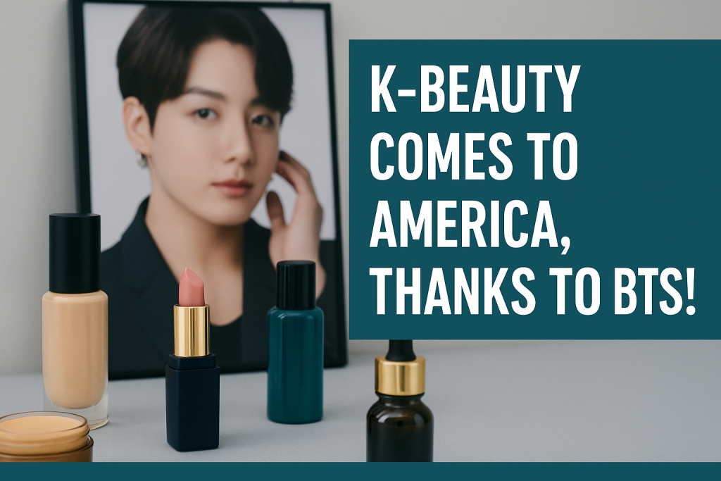 Banner image featuring K-beauty products and BTS-inspired visuals, promoting the theme “K-beauty US expansion tariffs” in a business-style layout using navy, soft gold, teal, and light gray accents.