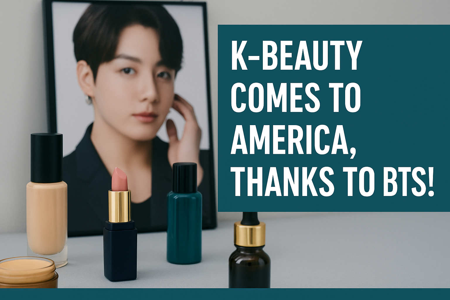Banner image featuring K-beauty products and BTS-inspired visuals, promoting the theme “K-beauty US expansion tariffs” in a business-style layout using navy, soft gold, teal, and light gray accents.