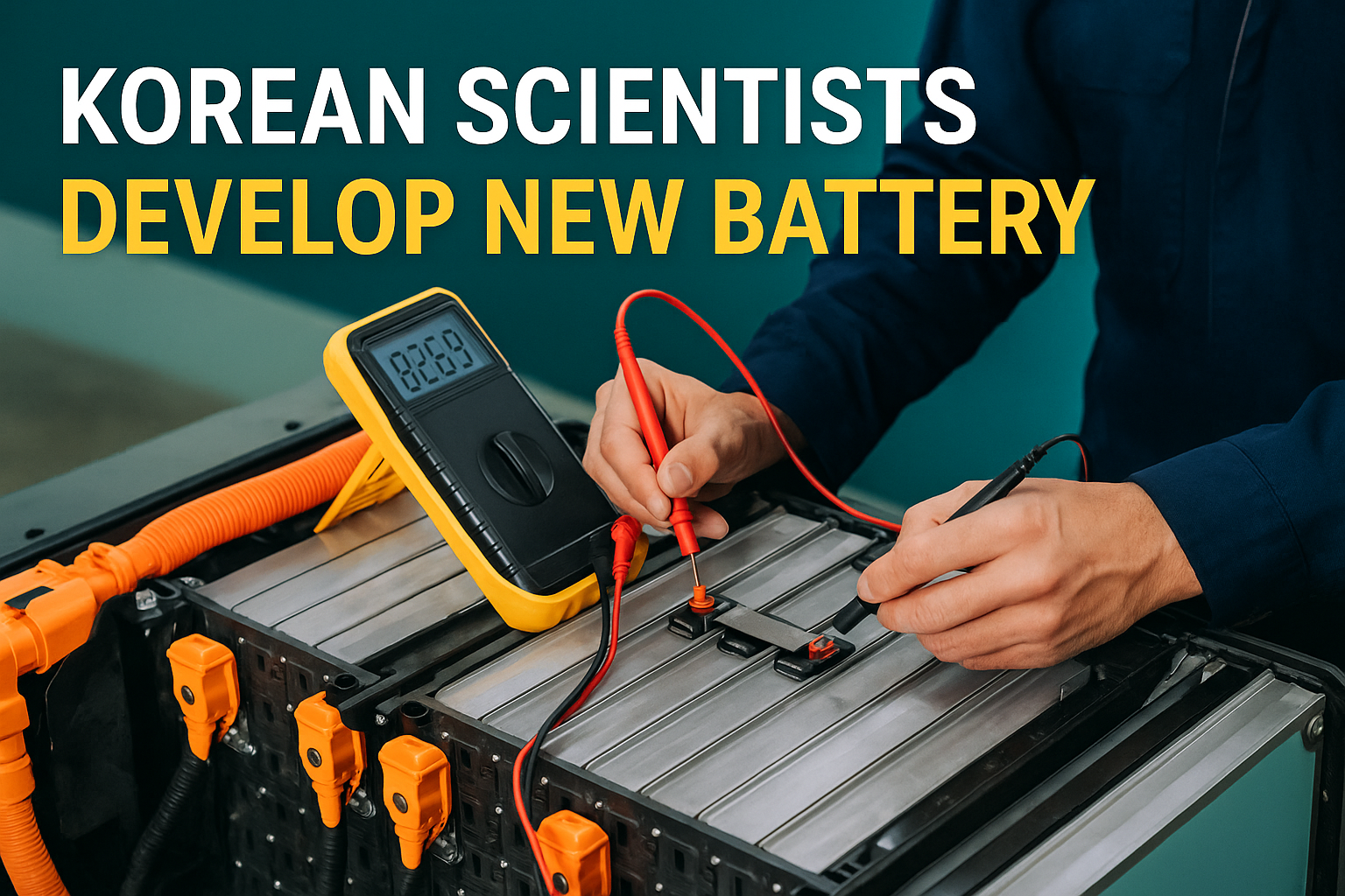 Technician tests new EV battery module with digital multimeter – Korean scientists develop new battery