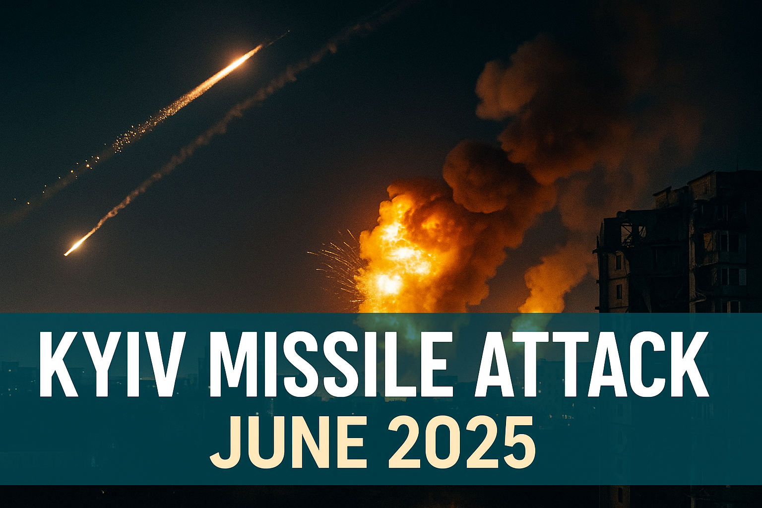 A dramatic banner image of the Kyiv missile attack June 2025 showing missiles streaking across the night sky, fiery explosions lighting up the skyline, and damaged buildings silhouetted in smoke with bold teal text overlay.