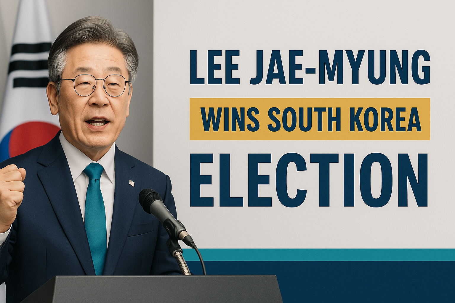 Wide banner image showing Lee Jae-myung at a podium, delivering a speech with bold headline text “Lee Jae-myung Wins South Korea Election” in navy and gold—designed for the focus keyphrase "Lee Jae-myung wins South Korea election".
